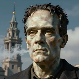 closeup portrait photography of frankenstein head sculpture breathing vaporwave clouds.. a rococo tower in the background