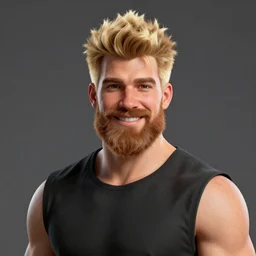 attractive strong built irish english man with a chin beard and spiky blonde hair smiling at the camera, unreal engine, character design