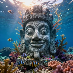 a stunning ultra detailed underwater fantasy closeup photo of a te fiti head granite statue, surrounded by bioluminescent sea plant vines, colorful corals and angelfish, crepuscular sun rays, by tomasz alen kopera and tom bagshaw, very detailed, high dof, 8 5 mm lens, soft lighting, artstation, highly coherent, 8 k