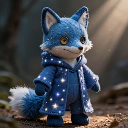 a starry blue fox druid doll wearing magic imbued mage robes with led lights stitched on the fabric to resemble stars, cinematic, cotton fabric, button eyes, seams, cinematic, dust particles, god rays, led lights, dungeons and dragons, fantasy art, real life, photograph, national geographic