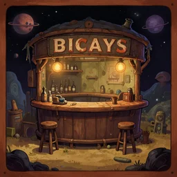 inside of a [ [ [ old bar ] ] ] in a remote outpost, on an alien planet, from a space themed point and click 2 d graphic adventure game, art inspired by mark keathley
