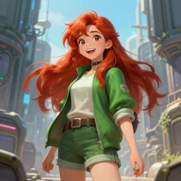 beautiful cute red haired joyful and playful nineteen year old young girl standing up, casual green clothing, long hair, cyberpunk city, attractive face, rpg character, sci - fi, fantasy, intricate, elegant, digital painting, artstation, concept art, smooth, 8 k frostbite 3 engine, ultra detailed, art by artgerm and greg rutkowski and magali villeneuve