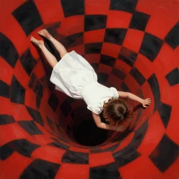 a young girl in a white dress falling down a hole with a warping black and red checkerboard pattern by peter mohrbacher, vivid colors, matte painting, 8K, concept art, mystical color scheme, trending on artstation