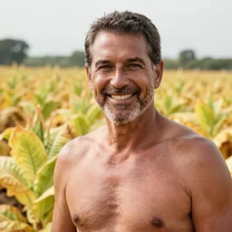 impressive portrait of ted cruz shirtless in a tobacco field, professional photography, award winning, artgerm, detailed face, smiling