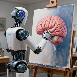 a high resolution photo of a robot painting a picture of a human brain, standing in an artist's studio, hyper detailed, photography, realistic, art, 8 k, unreal engine, cinematic, shallow focus, f 2. 8 mm