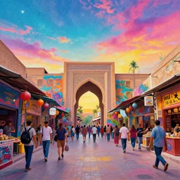 bazaar zouk oriantal place mosquet multicolorful sky shine matte painting, street art, trending on artstation, by huang guangjian and gil elvgren and sachin teng