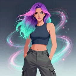 a award winning half body portrait of a beautiful woman in a croptop and cargo pants with ombre purple pink teal hairstyle and hands in pockets by thomas danthony, surrounded by whirling illuminated lines, outrun, vaporware, shaded flat illustration, digital art, trending on artstation, highly detailed, fine detail, intricate