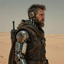 a bearded cloaked rugged engineer man with cybernetic enhancementslost in the desert, scifi character portrait by greg rutkowski, esuthio, craig mullins, 1 / 4 headshot, cinematic lighting, dystopian scifi gear, gloomy, profile picture, mechanical, half robot, implants, steampunk