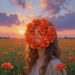 head of carnations flower, girl in a flower field, surreal photography, sunrise dramatic light, impressionist painting, colorful clouds, digital painting, artstation, simon stalenhag, flower face
