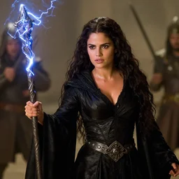 epic photo of young salma hayek as beautiful medieval sorceress with very long black hair wearing a black satin robe and metal belt, battle scene, holding her wizard staff electricity emanating from it, sweaty, in the film excalibur 1 9 8 0, movie still, cinematography by david fincher