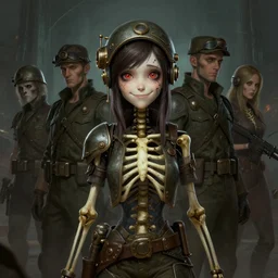 portrait of cute smiling skeleton girl inteam fortress 2 style, epic, tragic, military art, fantasy, dieselpunk, hd shot, digital portrait, beautiful, artstation, comic style, by artgerm, guy denning, jakub rozalski, magali villeneuve and charlie bowater