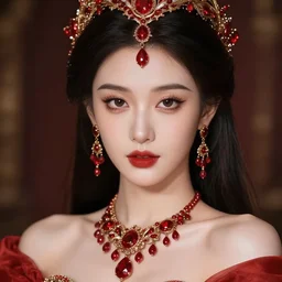 photograph of wonderful princess with smooth fair skin, alluring eyes, red jewelry, breathtaking, elegant, ornate, intricate, hyper detailed, accent lighting, dramatic light, 4 k octane render