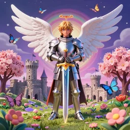 3 d render of catholic knight, angel with an excalibur magical sword portrait, castle ruins landscape, sakura season, against a psychedelic surreal background with 3 d butterflies and 3 d flowers n the style of 1 9 9 0's cg graphics against the cloudy night sky, lsd dream emulator psx, 3 d rendered y 2 k aesthetic by ichiro tanida, 3 do magazine, wide shot