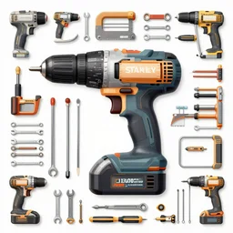 overhead view of lots of stanley tools arranged to make a large power drill, power tools, saws, knives, spanners, screwdrivers, wrenches, digital illustration