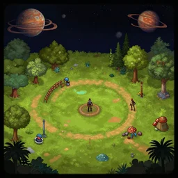 in front of a [ [ small park ] ], in a remote outpost, on an alien planet, from a space themed point and click 2 d graphic adventure game, set design inspired slightly by tomb raider, art inspired by [ [ thomas kinkade ] ] and bill alexander