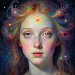 hyperrealistic abstract close-up female! portrait Renaissance psychedelic!! celestial happy! pure creature!! peaceful! kind spirit of nature! beautiful fractal!! eyes! highly detailed concept art eric zener elson peter cinematic hard rainbow lighting high angle hd 8k sharp shallow depth of field endless, inspired by Zdzisław Beksiński Salvador Dali