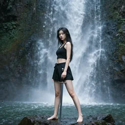 beautiful girl with a sword stands under a waterfall