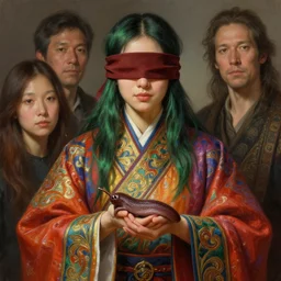 character concept portrait, blindfold!!!! hag with a slug on her hands, digital painting, detailed, highly detailed, vivid colorful ornate robes, smooth, sharp focus, illustration by ruan jia and mandy jurgens and william - adolphe bouguereau, artgerm
