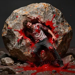 Man crushed into a red splatter by a comically large boulder. Horrific, grotesque, silly, lighthearted