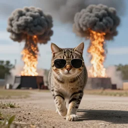 a cat walking away from a nuke with sun glasses on, highly detailed, mega detailed,