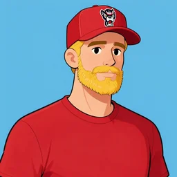tall white guy with short blonde beard wearing a nc state red baseball cap and red shirt full color digital illustration in the style of don bluth, artgerm, artstation trending, 4 k
