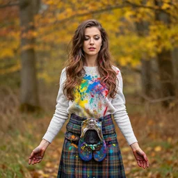 beautiful autumnal scottish woman splattered with brightly coloured paint