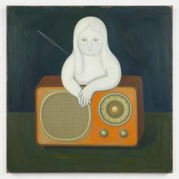 born under a bad sign, watches, radios, good luck and trouble are my only friends, colors white!!, orange, dark green, dark blue, abstract oil painting by leonora carrington