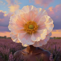closeup, large flower as head, african woman in heather field, surreal photography, golden hour, colorful clouds, impressionist painting, digital painting, artstation, simon stalenhag
