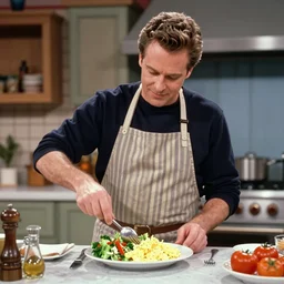 1 9 9 0 s kelsey grammer as frasier making tossed salad and scrambled eggs on a 1 9 9 0 s cooking show.