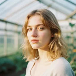 head and shoulder portrait photograph of a woman inside a greenhouse by Flora Basi. pastel colors. Portra 800 film. Mamiya 7. highly detailed. hq. photoreal. Golden hour. Sunshine.