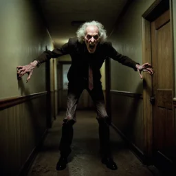 a photo of a gangly old evil man with impossibly long limbs screaming in a poorly lit hallway from evil dead ( 2 0 1 3 ), photograph from 1 9 9 2, award winning photography, ominous, highly detailed