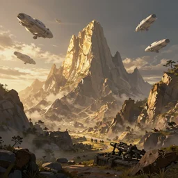 mountain range golden hour, battle, fantasy, alien invasion, space ships, artstation,