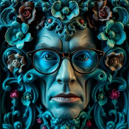 award winning photo of todd solondz carved into a blue green, intricate baroque style, glasses, clear todd solondz face,, flowers, evil cult, mysticism, vivid colors, weird and disturbing, symmetrical face, beautiful eyes, studio lighting, wide shot art by sally mann & arnold newman