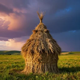 haystack on a field, traditional hungarian landscape, dramatic lighting, beautiful, volumetric lighting, colorful, octane render