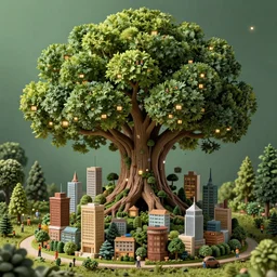 a miniature city built into the trunk of a single colossal tree in the forest, with tiny people, in the style of marc simonetti, lit windows, close - up, low angle, wide angle, awe - inspiring, highly detailed digital art