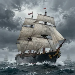 giant enormous fierce sailing battleship, raging sea foggy, dramatic, action scene, stormy background, shipfleet on the horizon, high detail, greg rutkowski, james gurney, gene wolfe, gustave dore, jesper ejsing, rhads, makoto shinkai, ilya kuvshinov