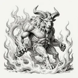 grayscale drawing by Gustave Dore and Anato Finnstark of horned muscled humanoid beast, 3/4 view from below, engulfed in swirling flames