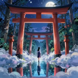 reimu walking in a cloud pond forest, giant torii gates, dreamscape, cinematic, shooting stars, mirror reflection, midnight, moon glow, vibrant colors, digital anime illustration, award winning, by makoto shinkai