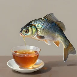 digital painting of a real fish is drinking from a cup of tea, photorealism