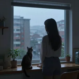 silhouette of a girl and her cat, looking out a window on a rainy day, inside a cozy apartment, with a city view. trending on artstation, octave render
