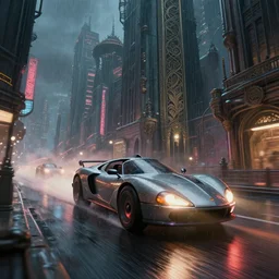 a hover car high speed chase down a brutalism looking city, dim neon lights, lens flare, scale, night life, heavy rain, deep focus, d & d, fantasy, intricate, elegant, highly detailed, digital painting, artstation, concept art, matte, sharp focus, illustration, art by artgerm and greg rutkowski and alphonse mucha