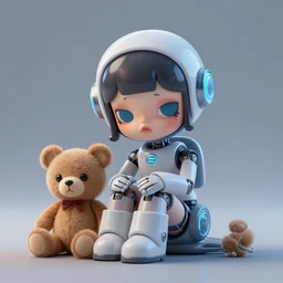 futuristic sad little robot girl with a robot teddy, digital art