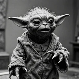 muscular evil horror yoda, black and white grainy film, screaming, crying, by maxim verehin