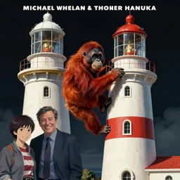 travel poster artwork by michael whelan and tomer hanuka, rendering of red orangutan climbing on the lighthouse building, high contrast, full of details, by makoto shinkai and thomas kinkade, matte painting, trending on artstation and unreal engine
