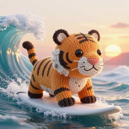 a closeup photorealistic render of a cute knitted tiger hippopotamus riding a large wave during sunset. surf in the background. detailed stitching. professional capture. brightly lit scene. this 4 k hd image is trending on artstation, featured on behance, well - rendered, extra crisp, features intricate detail, epic composition and the style of unreal engine.