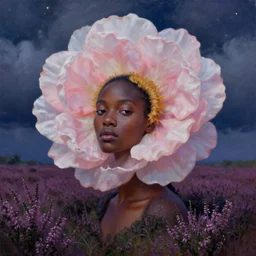 closeup, giant flower head, black woman in heather field, surreal photography, starlight, storm clouds, impressionist painting, digital painting, artstation, simon stalenhag
