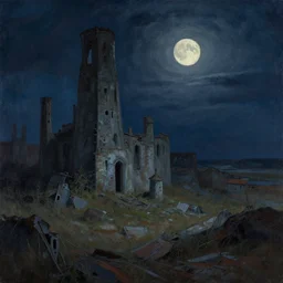 abandoned civilisation at night, moonlight lighting, landscape painted by simon stalenhag