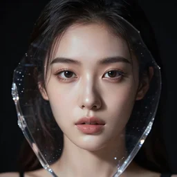 masterpiece portrait of a beautiful woman, her face is behind a clear crystal, dark background, dramatic lighting, 200mm canon 5d f/6