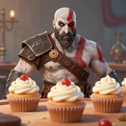 Kratos from God of War baking cupcakes, digital art, artstation, high quality, stylized, fluffy, happy, casual,