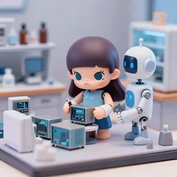 color digital photo of ball - jointed dolls inside a diorama of a laboratory : : a cute female long - haired robot is repairing computers. she is being helped by a robot that resembles a household appliance.